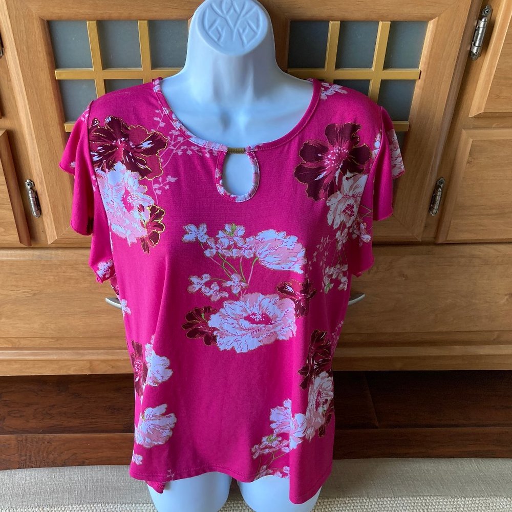 Anna Morgan Pink Gold Metallic  Rose Floral Short Sleeve Top X Large